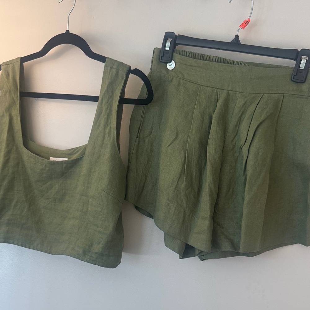 Olive Green Linen Circle Skort/Shorts - Relaxed A-Line Skater Style